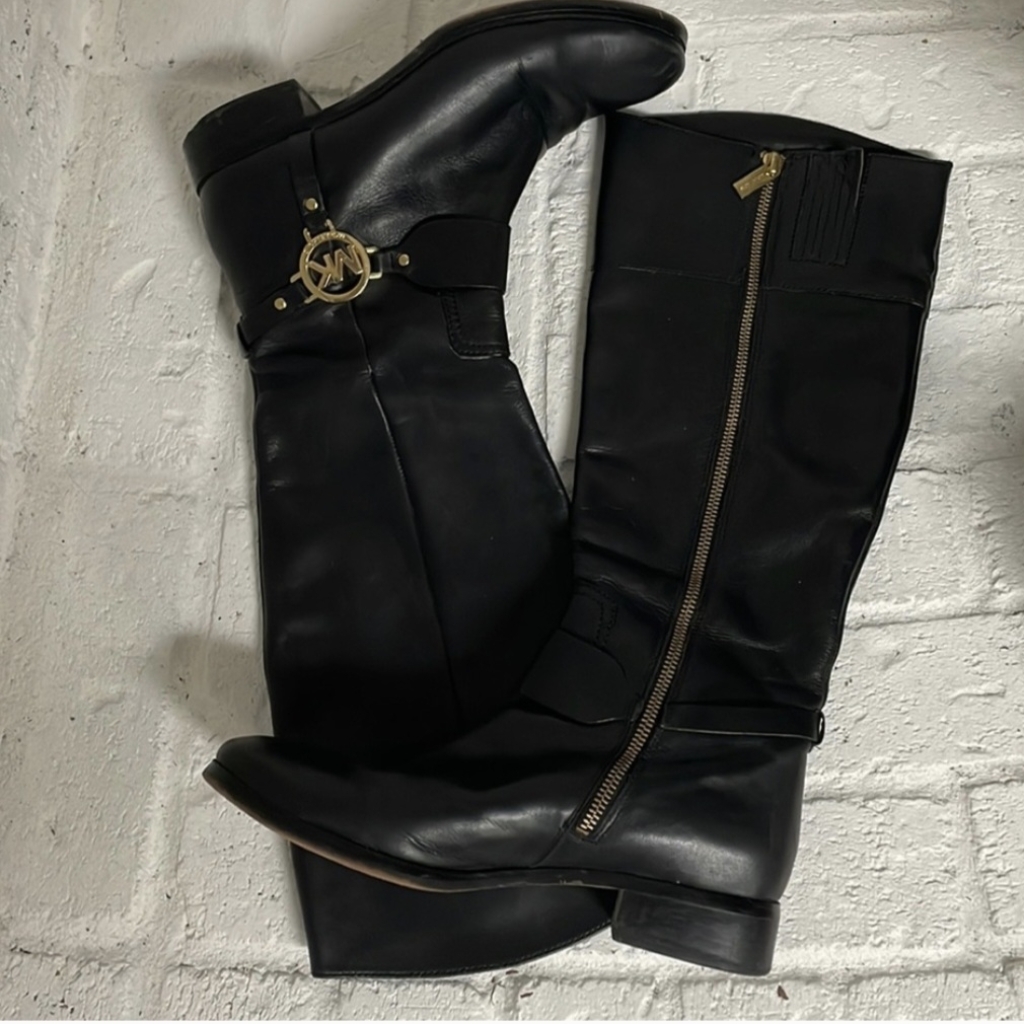 Michael Kors Black Leather Heeled Boots With Gold Accents